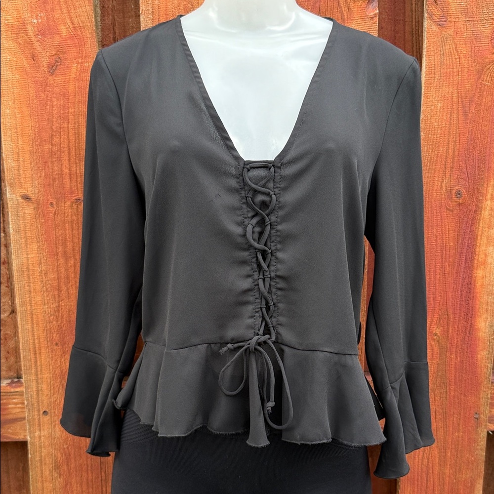 Twenty Four Seven Chic Black Lace-Up Women's Blouse Size S